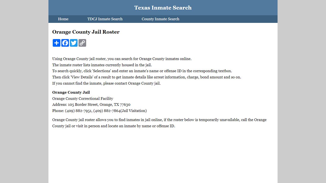 Orange County Jail Roster - Texas Inmate Search