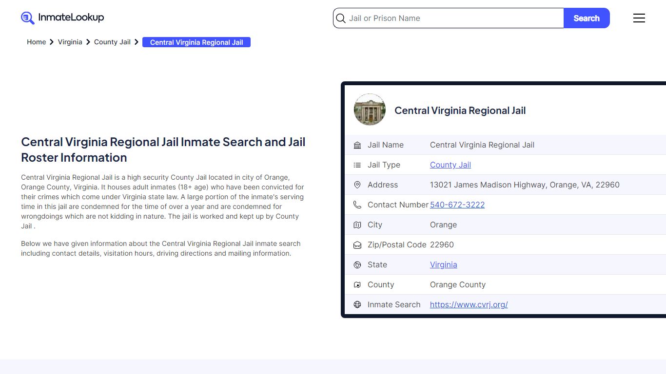 Central Virginia Regional Jail Inmate Search - Orange Virginia - Inmate ...