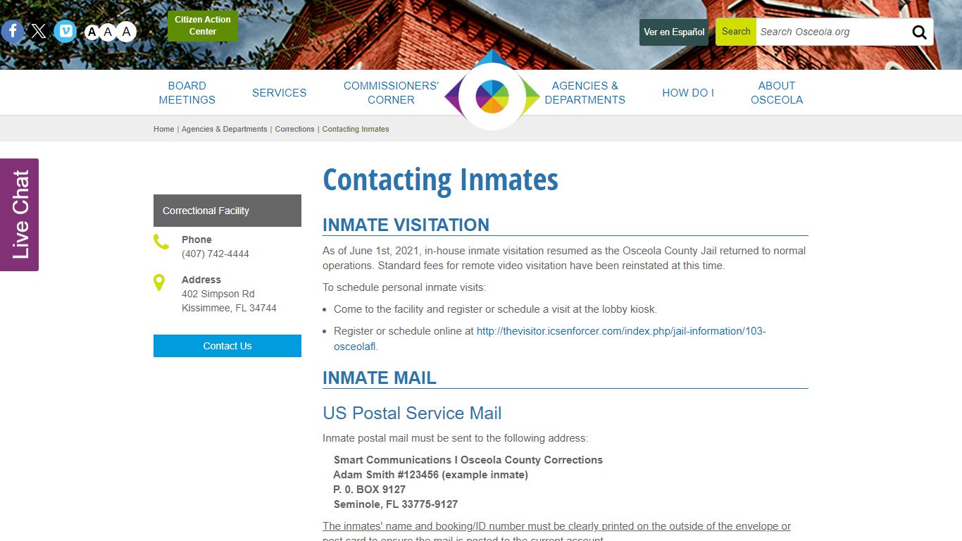 Contacting Inmates - Osceola County, Florida