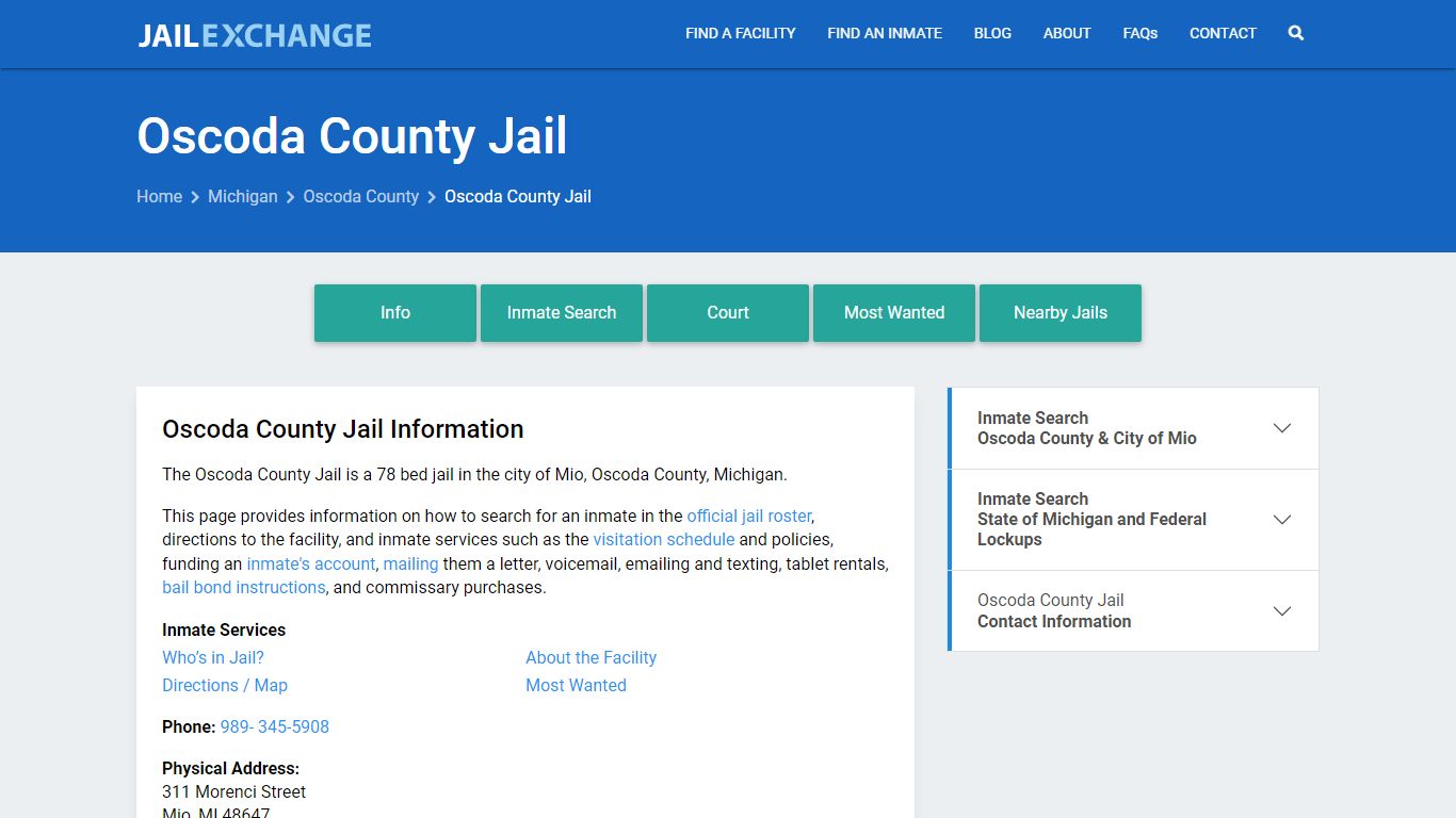 Oscoda County Jail, MI Inmate Search, Information