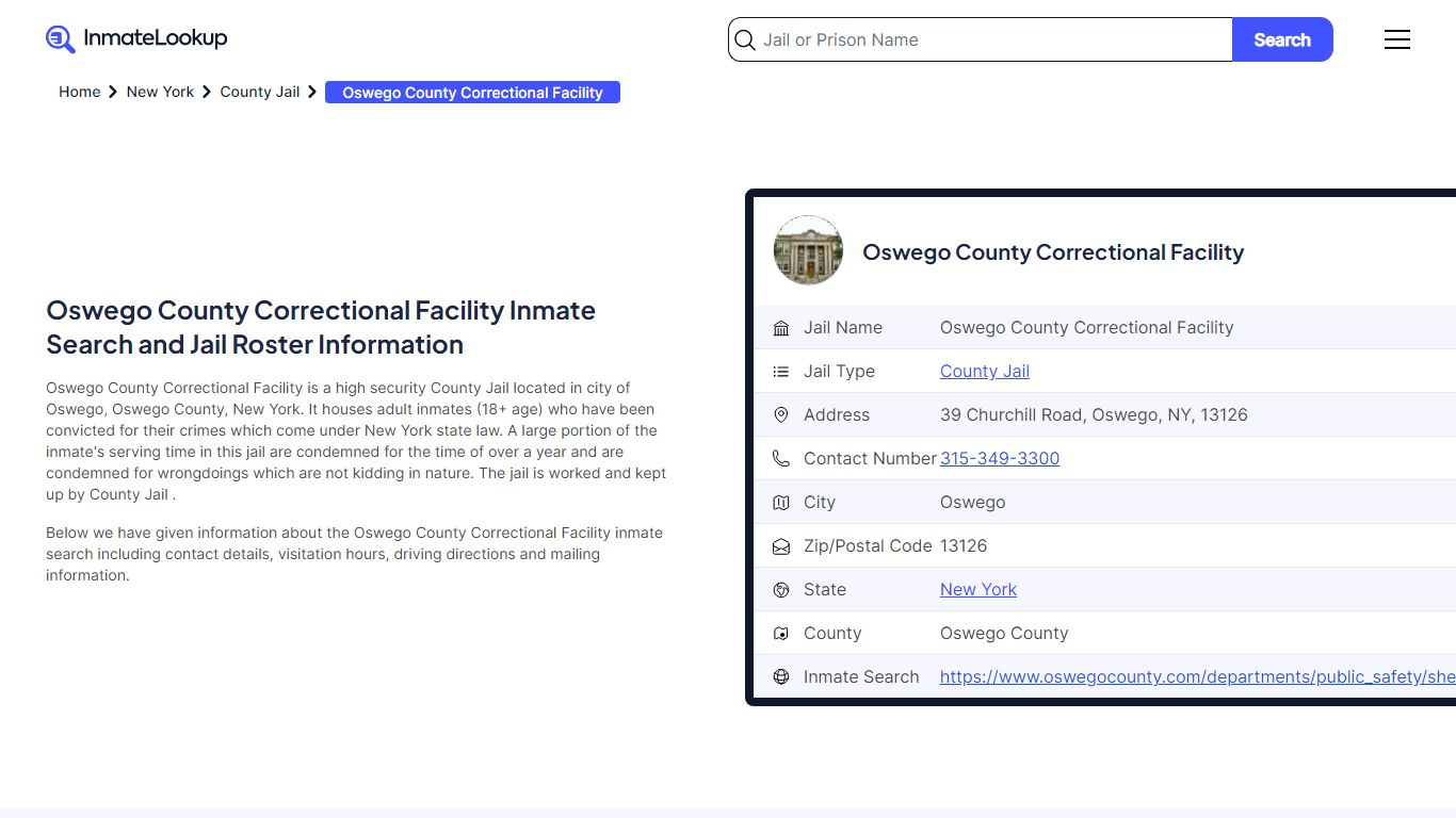 Oswego County Correctional Facility Inmate Search - Oswego New York ...