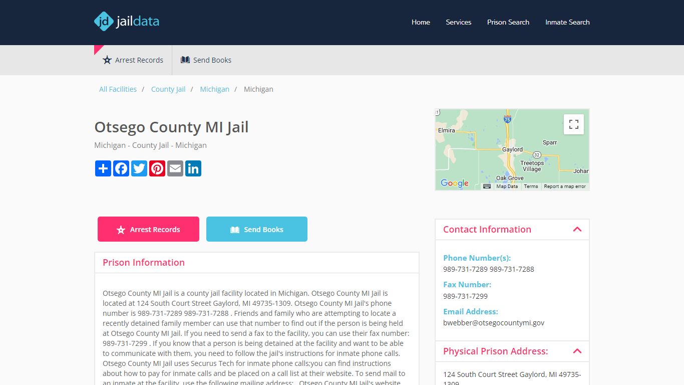 Otsego County MI Jail Inmate Search and Prisoner Info - Gaylord, MI