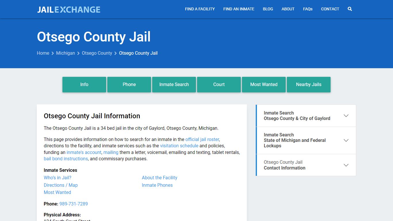 Otsego County Jail, MI Inmate Search, Information