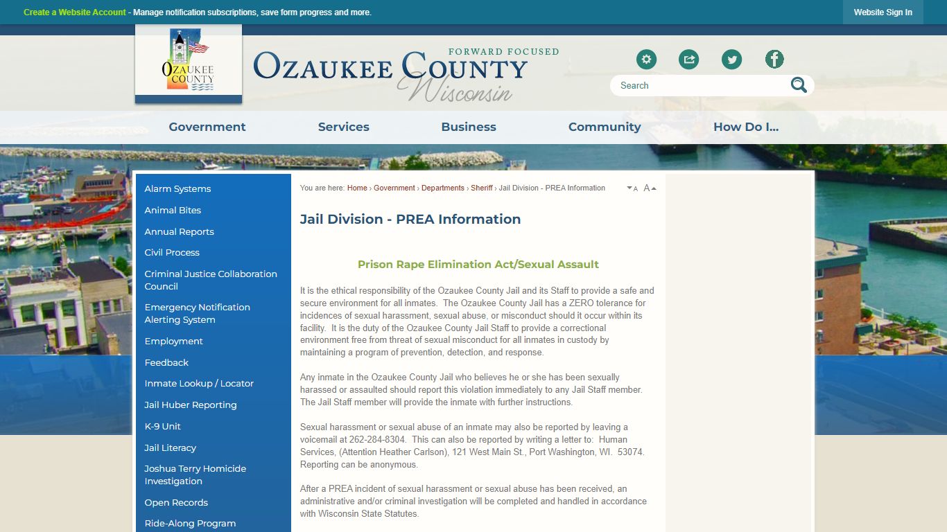 Jail Division - PREA Information - Ozaukee County, WI
