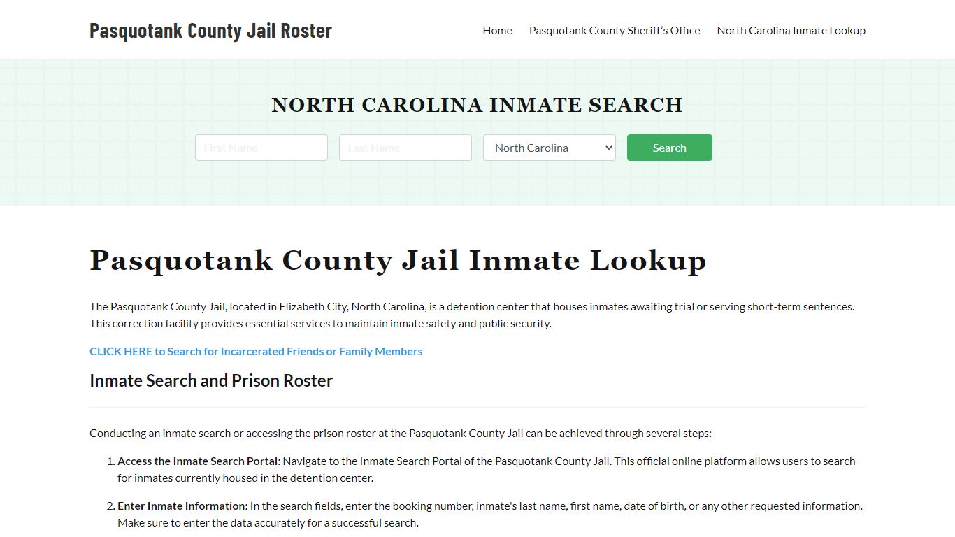 Pasquotank County Jail Roster Lookup, NC, Inmate Search