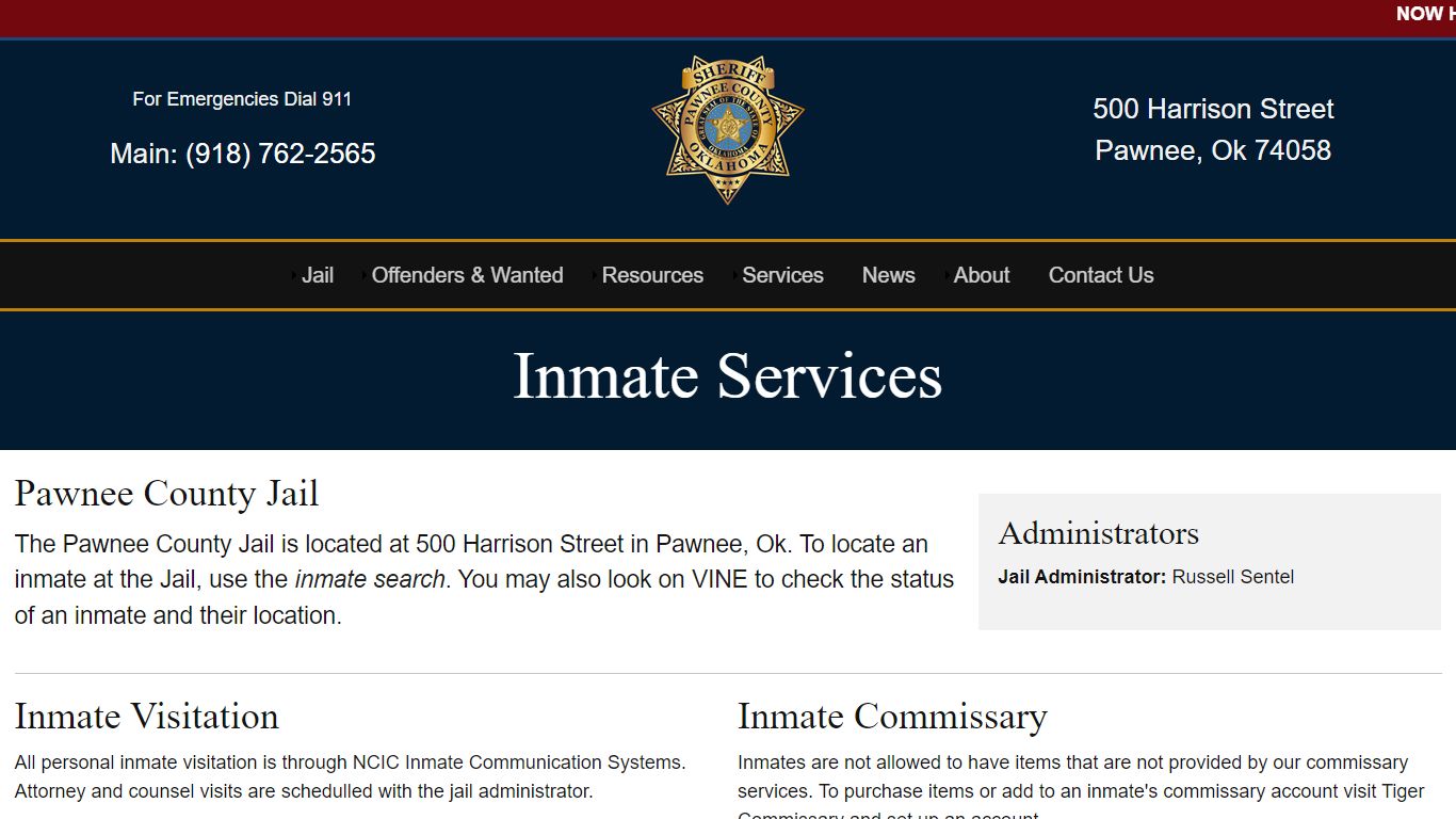 Inmate Services at the Pawnee County Jail