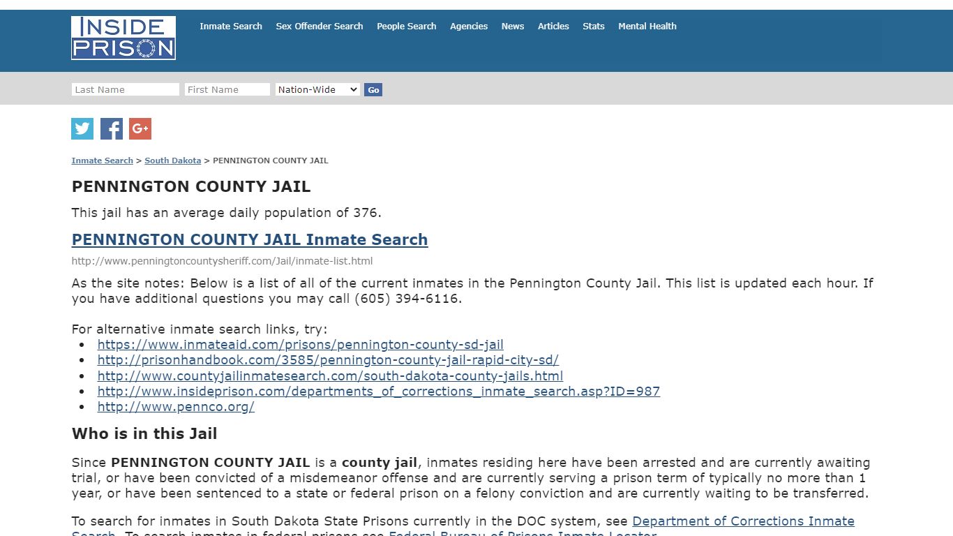 PENNINGTON COUNTY JAIL - South Dakota - Inmate Search - Inside Prison
