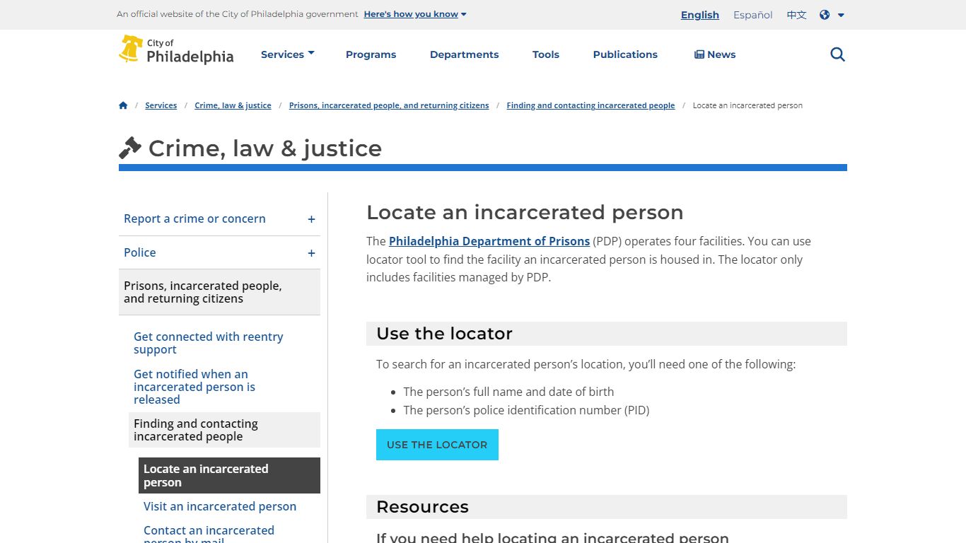 Locate an incarcerated person | Services | City of Philadelphia