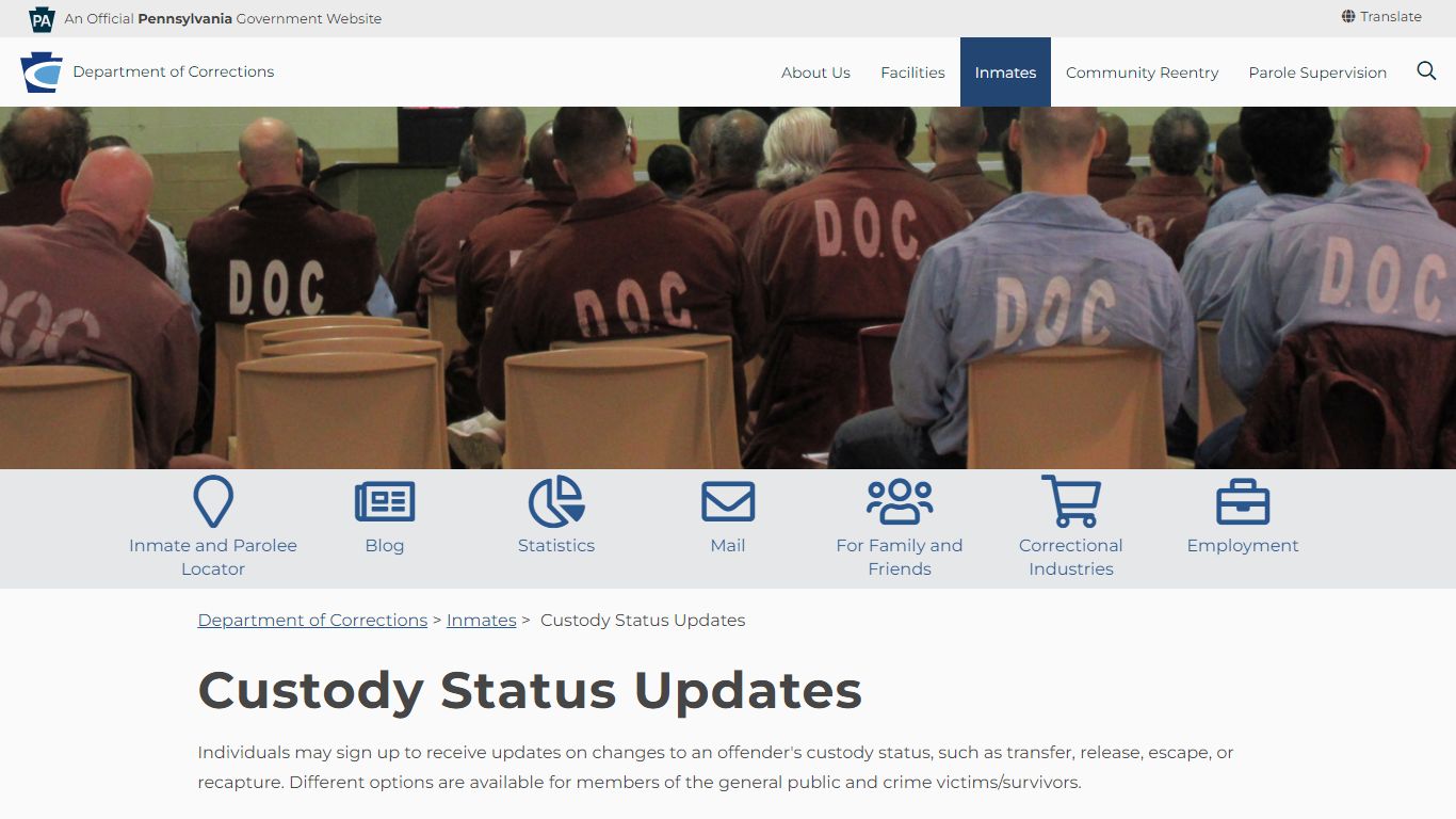 Custody Status Updates - Pennsylvania Department of Corrections