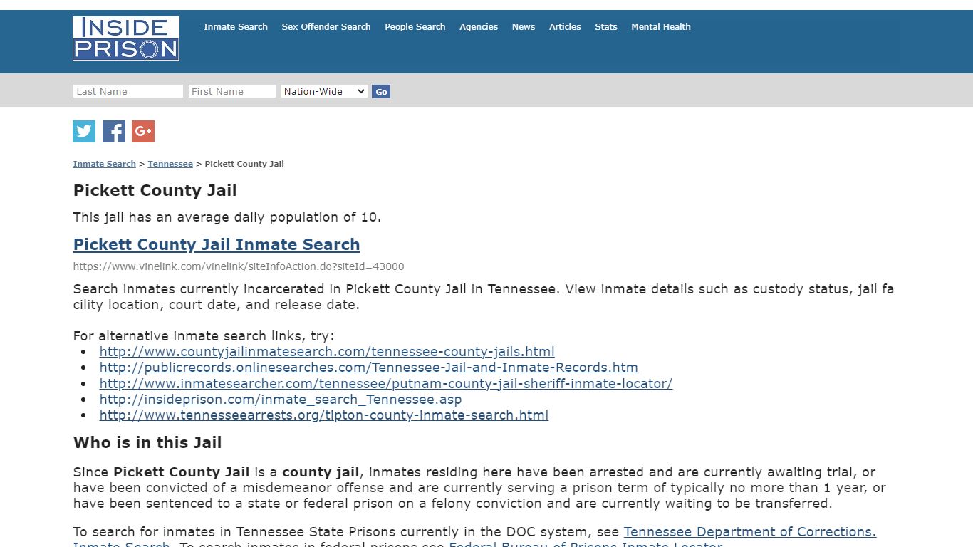 Pickett County Jail - Tennessee - Inmate Search - Inside Prison