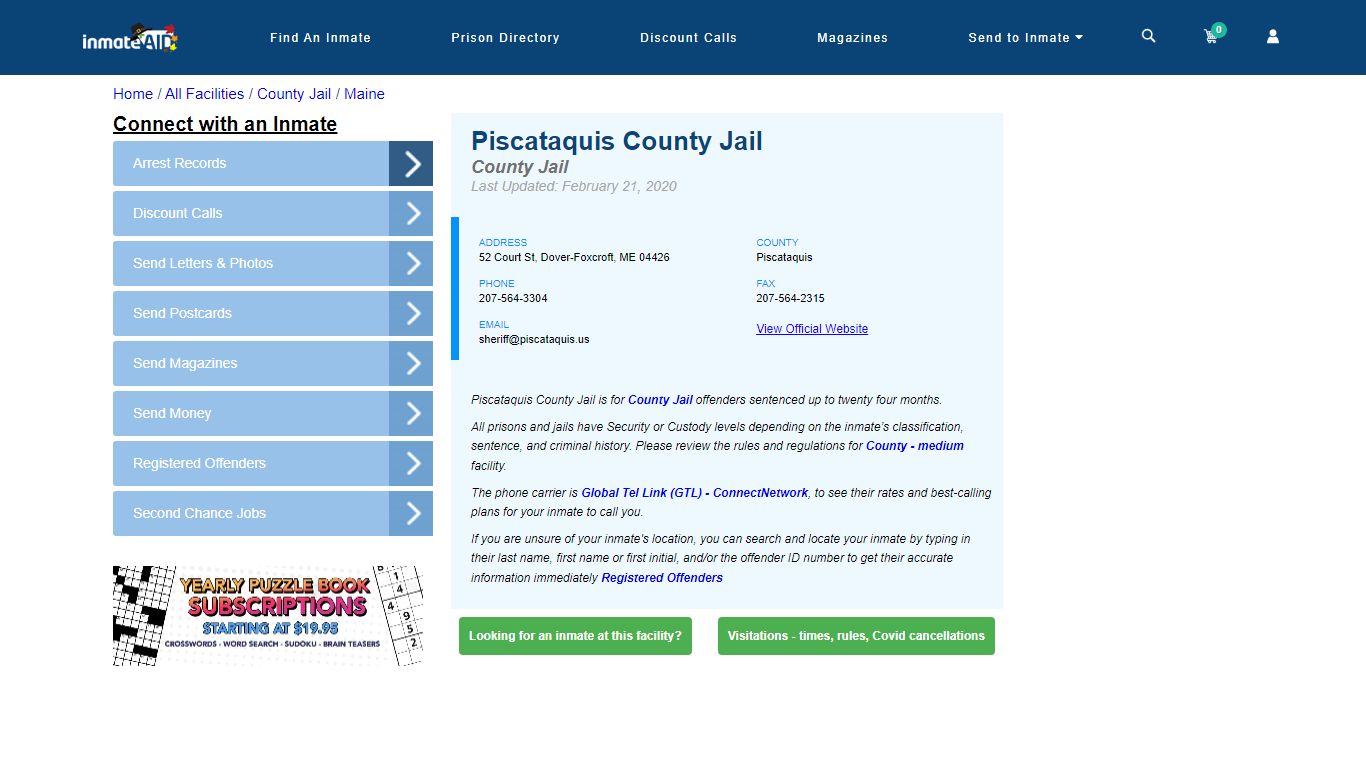 Piscataquis County Jail - Inmate Locator - Dover-Foxcroft, ME