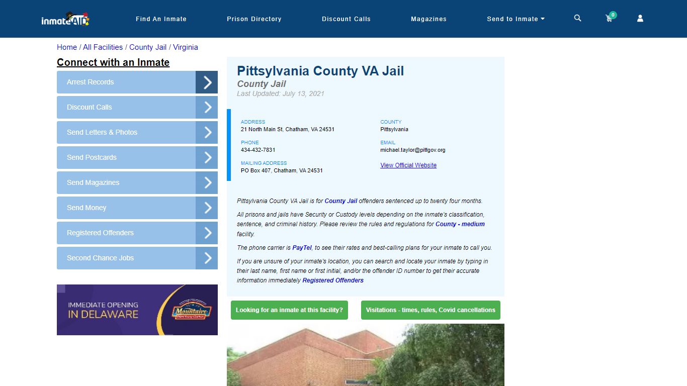 Pittsylvania County VA Jail - Inmate Locator - Chatham, VA