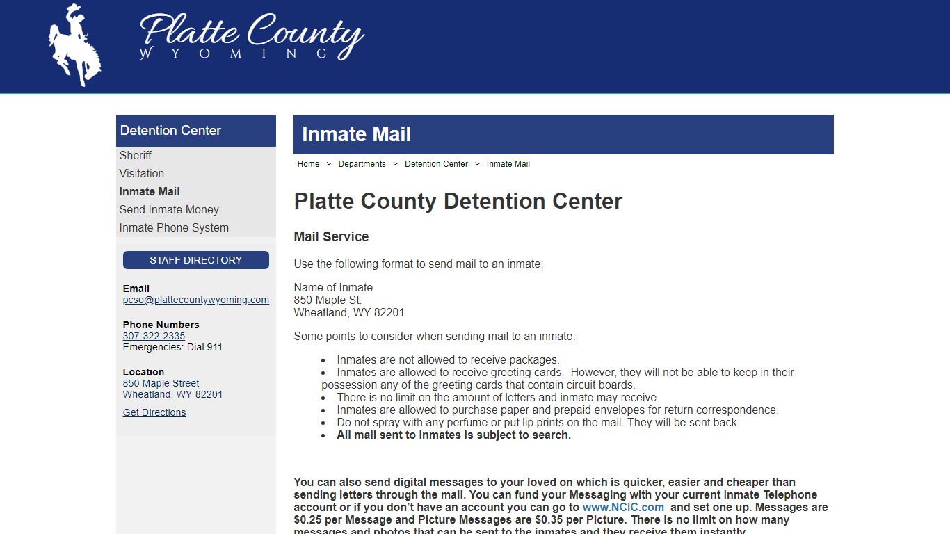 The Official Website of Platte County, Wyoming - Inmate Mail