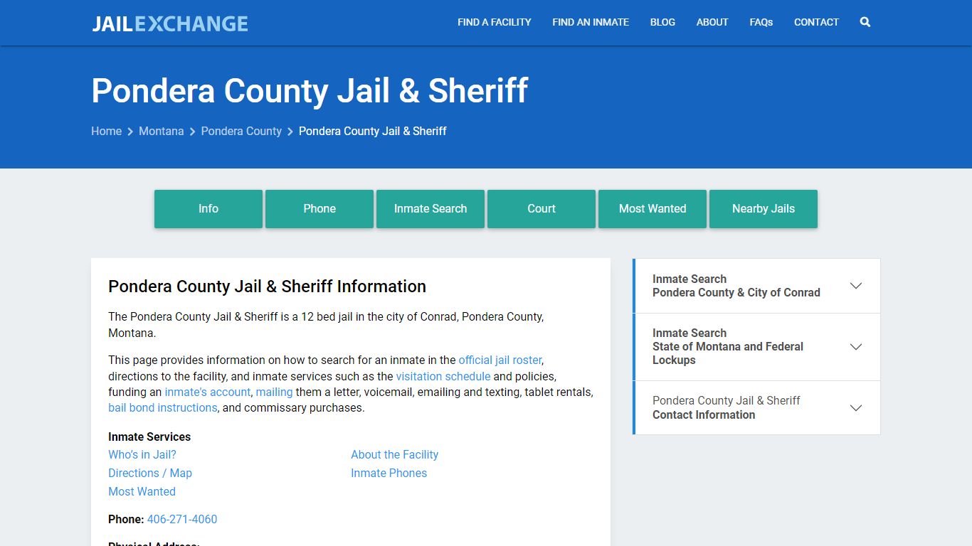 Pondera County Jail & Sheriff, MT Inmate Search, Information