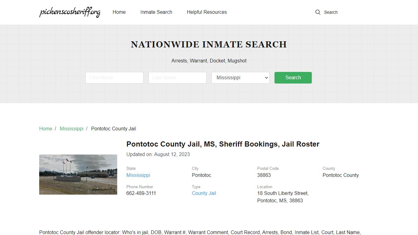 Pontotoc County Jail, MS, Sheriff Bookings, Jail Roster
