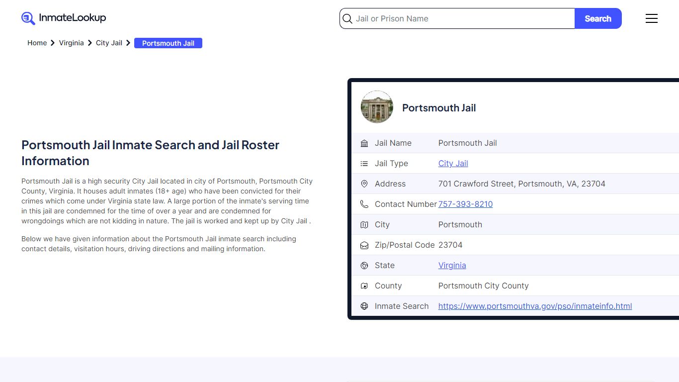 Portsmouth Jail Inmate Search - Portsmouth Virginia - Inmate Lookup