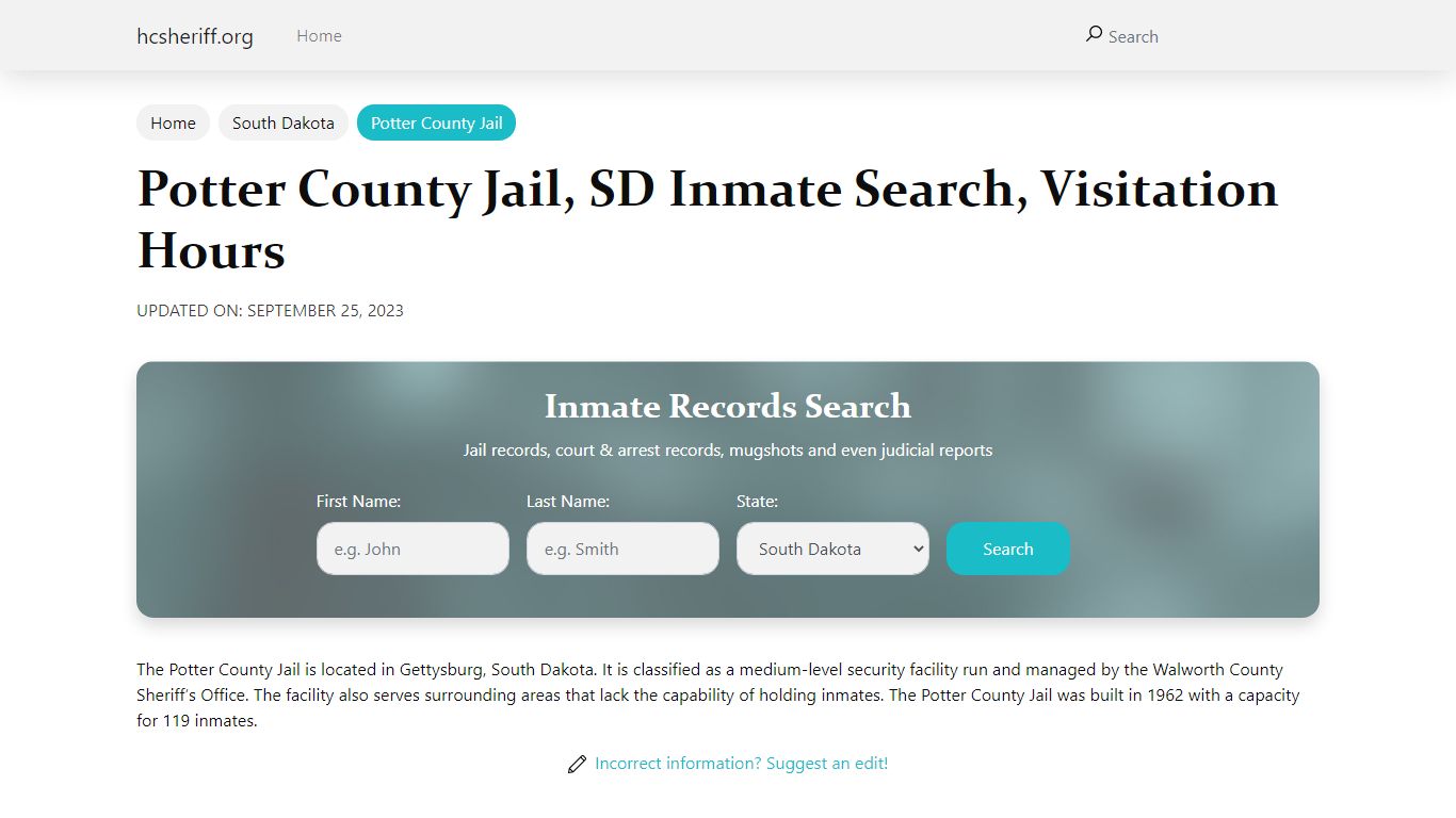 Potter County Jail, SD Inmate Search, Visitation Hours