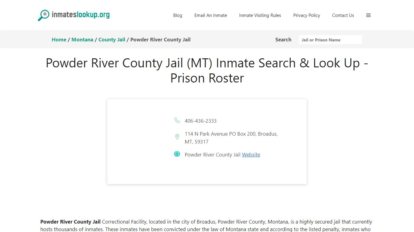 Powder River County Jail (MT) Inmate Search & Look Up - Prison Roster