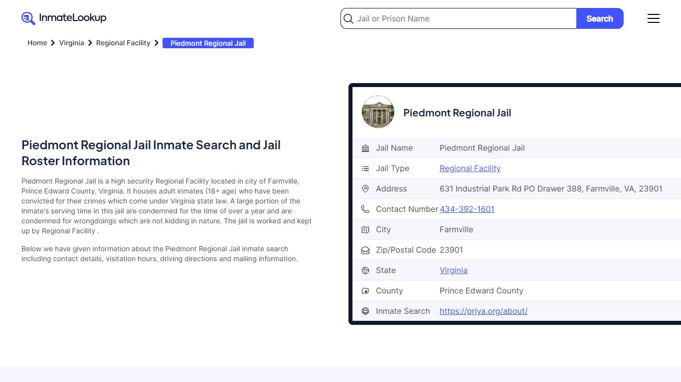 Piedmont Regional Jail Inmate Search - Farmville Virginia - Inmate Lookup