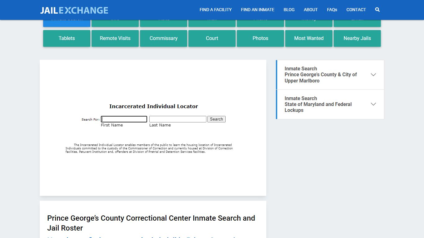 Prince George’s County Correctional Center Inmate Search - Jail Exchange