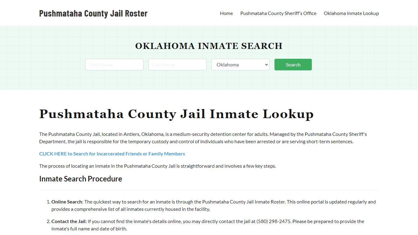Pushmataha County Jail Roster Lookup, OK, Inmate Search