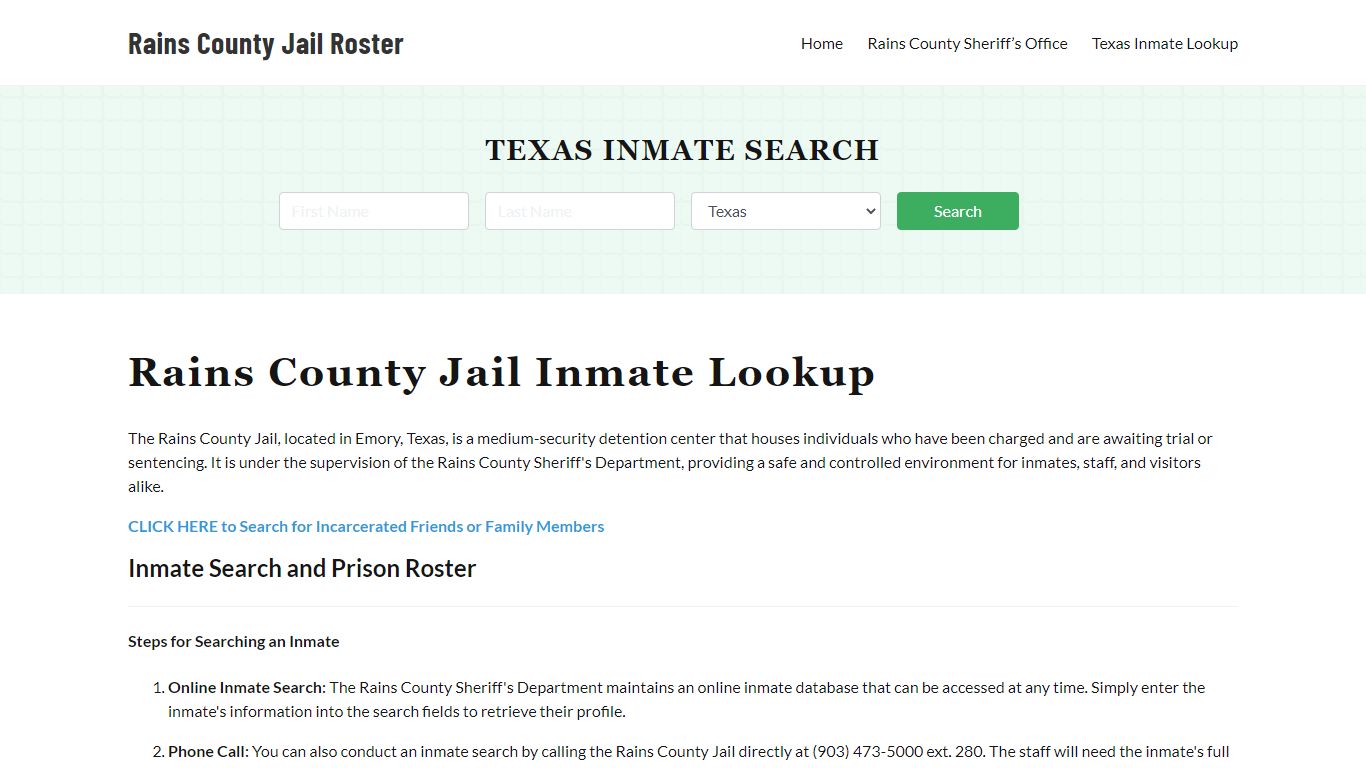 Rains County Jail Roster Lookup, TX, Inmate Search