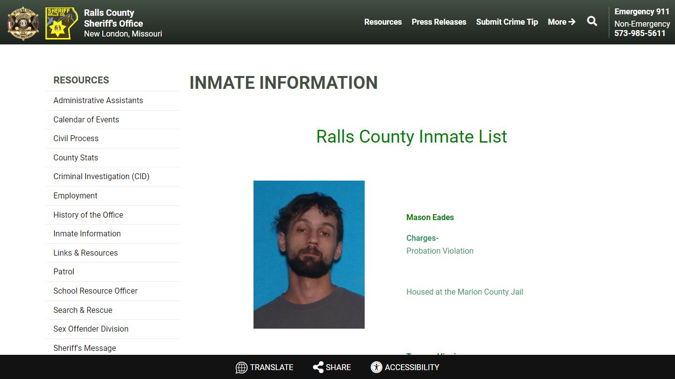 Inmate Information | Ralls County Sheriff's Office MO