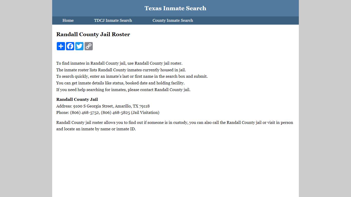 Randall County Jail Roster - Texas Inmate Search