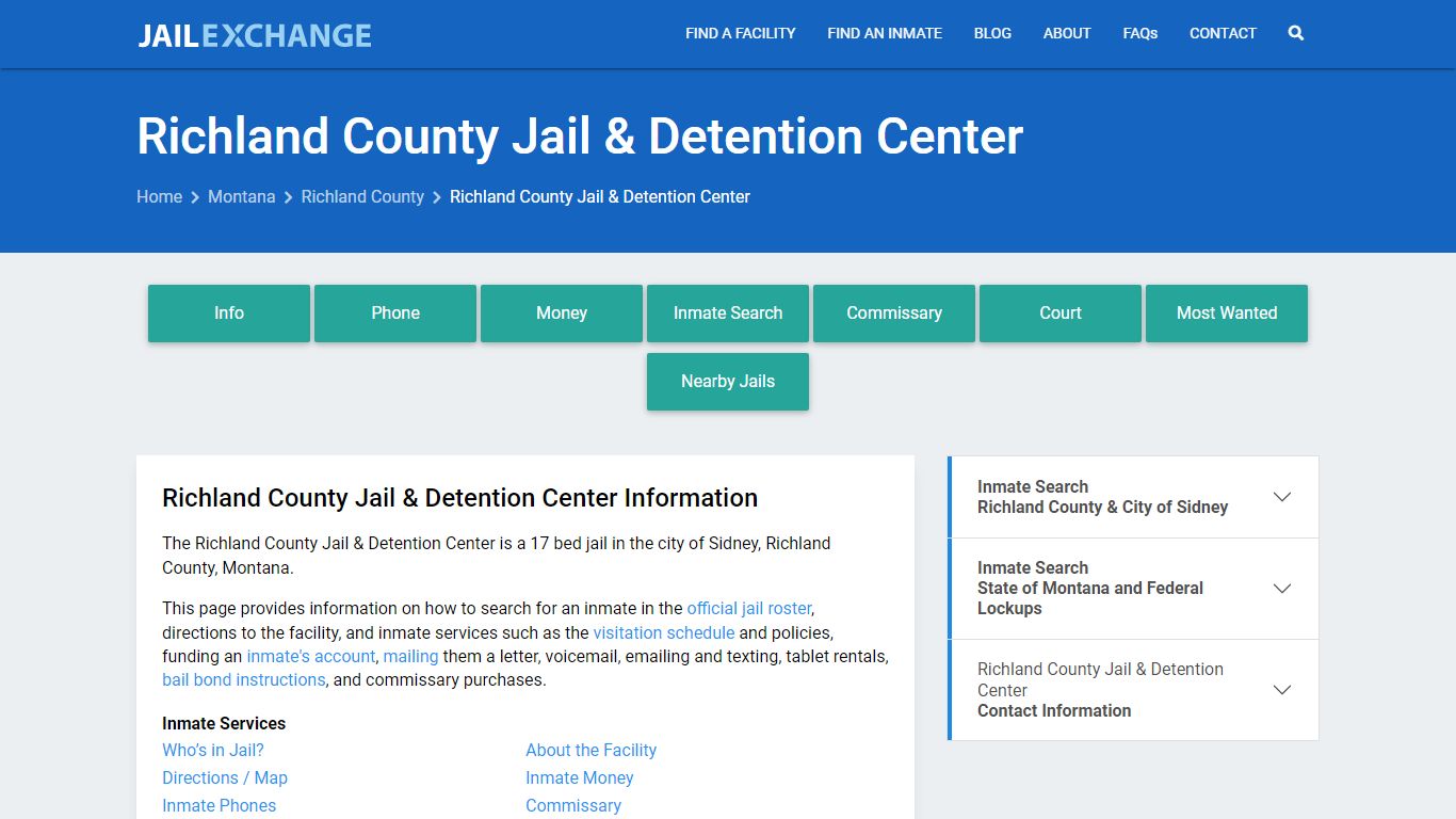 Richland County Jail & Detention Center, MT Inmate Search, Information