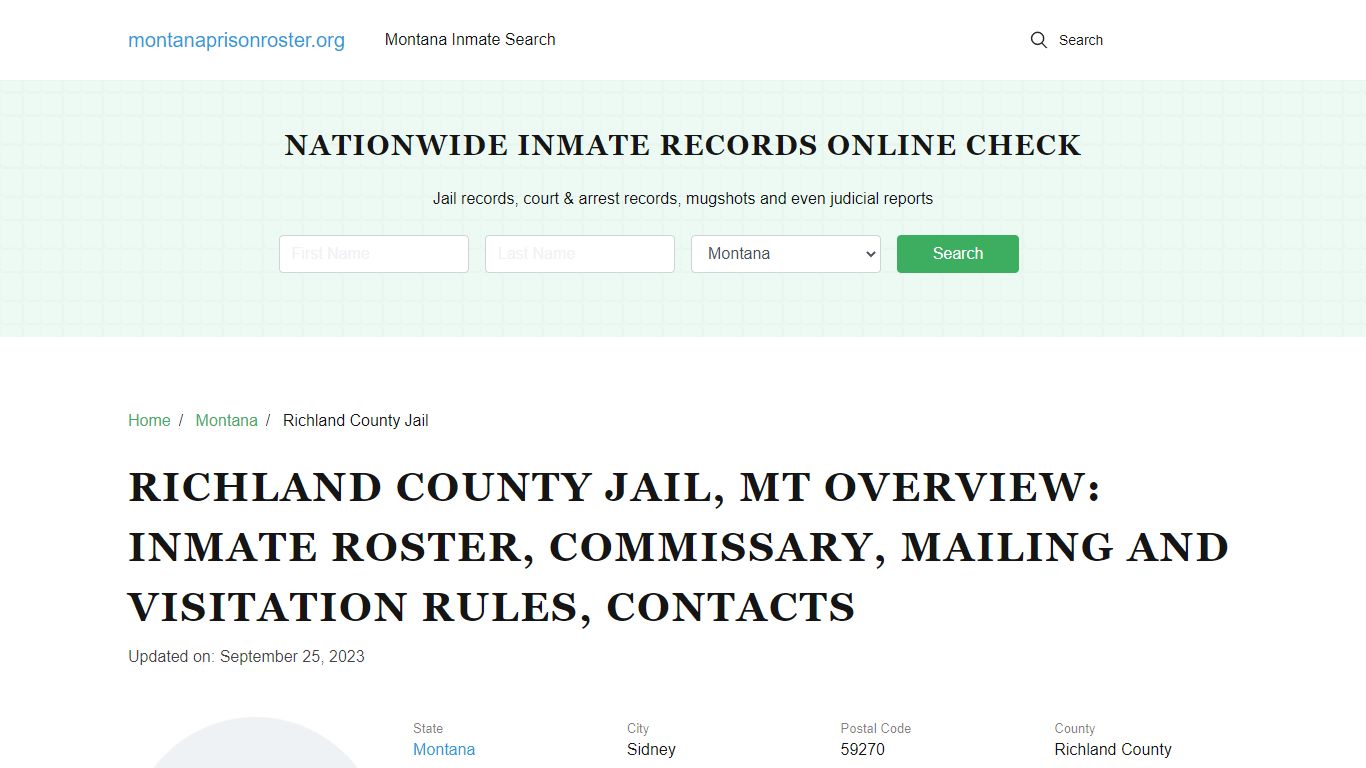 Richland County Jail, MT: Offender Search, Visitation & Contact Info