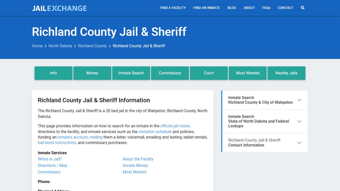 Richland County Jail & Sheriff, ND Inmate Search, Information