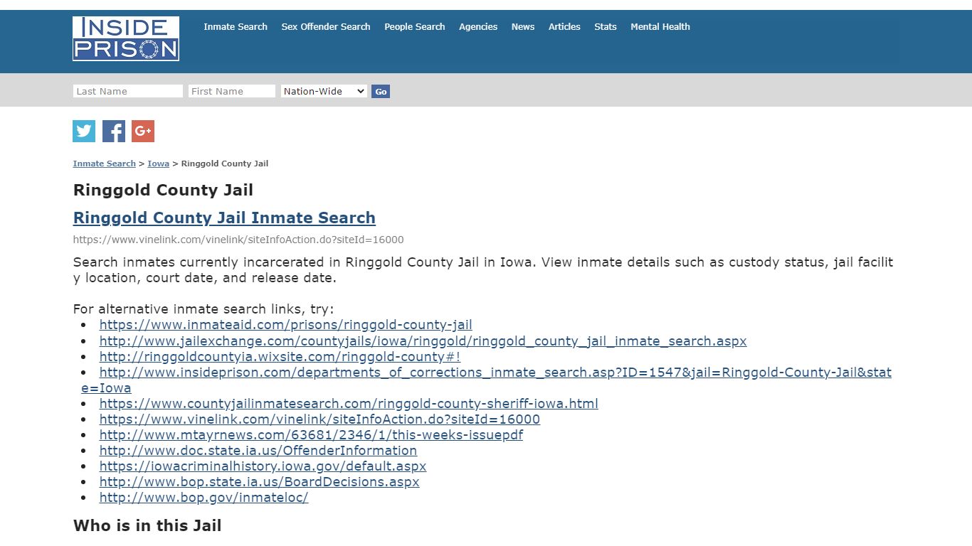 Ringgold County Jail - Iowa - Inmate Search - Inside Prison