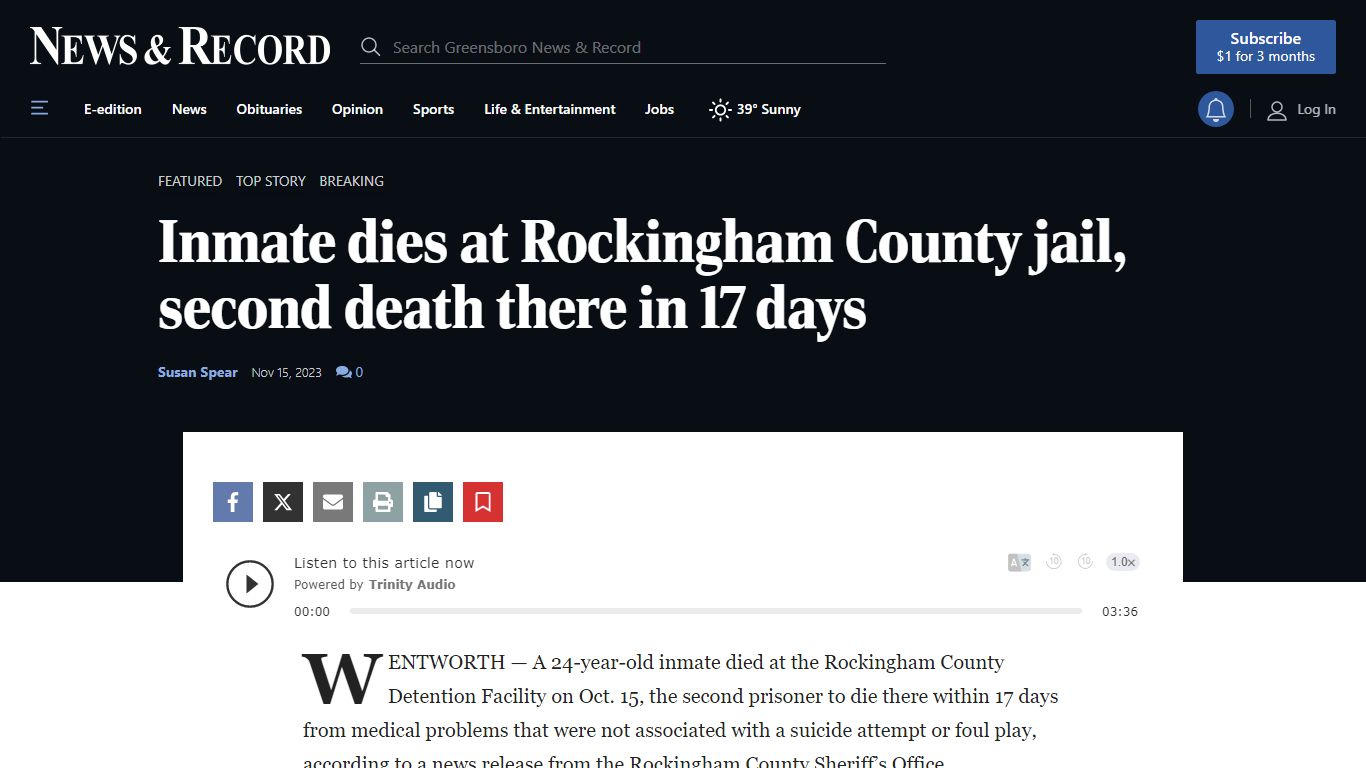 Inmate dies at Rockingham County jail, second death there in 17 days