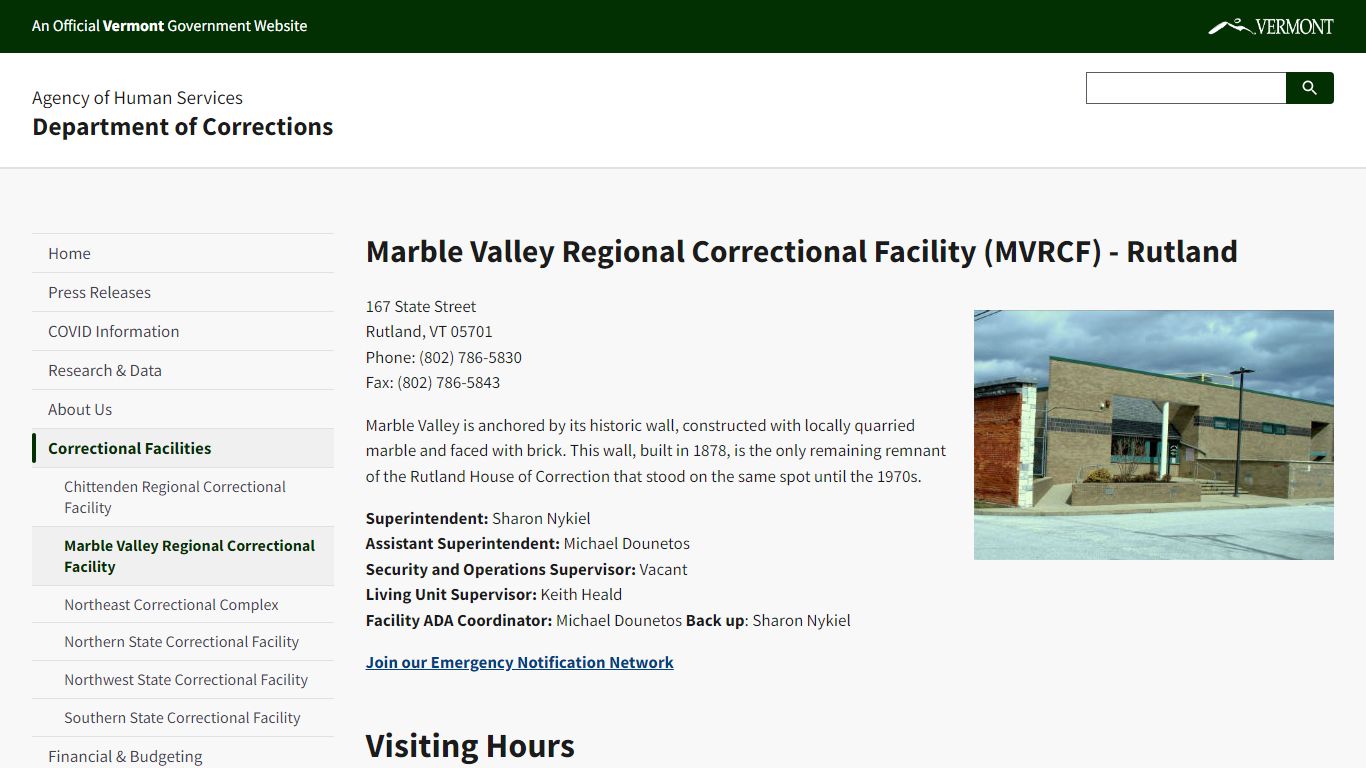 Marble Valley Regional Correctional Facility (MVRCF) - Rutland