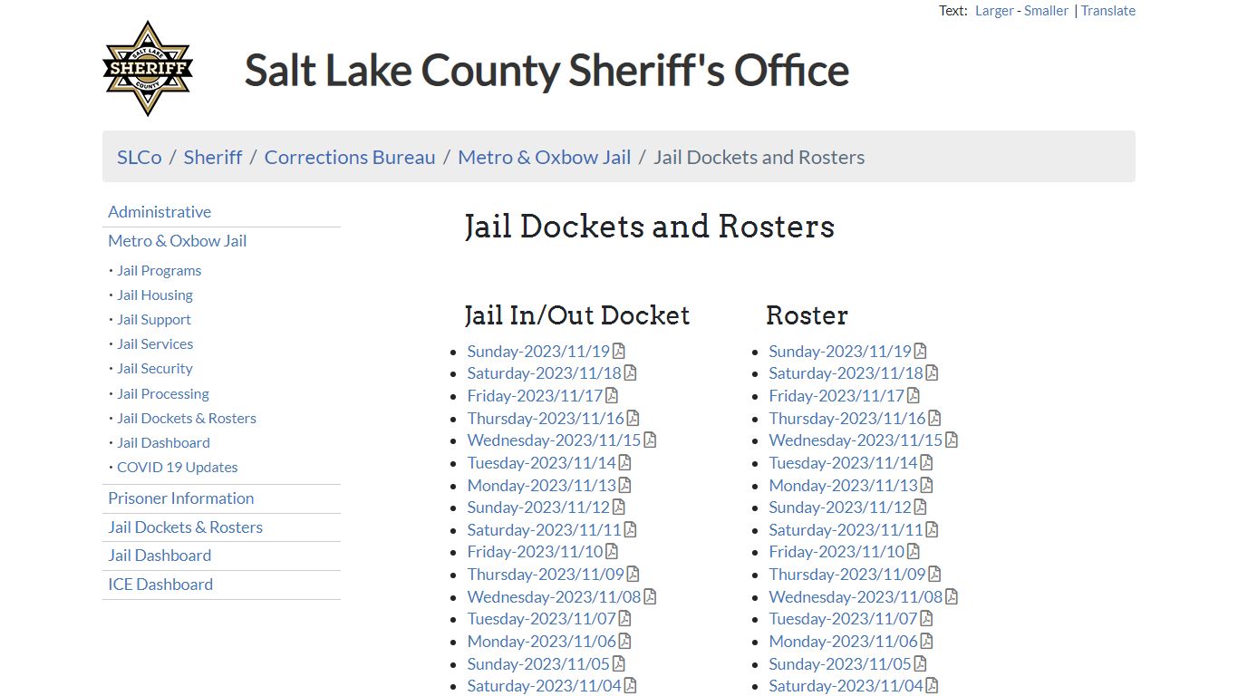 Jail Dockets and Rosters - Sheriff | SLCo - Salt Lake County, Utah
