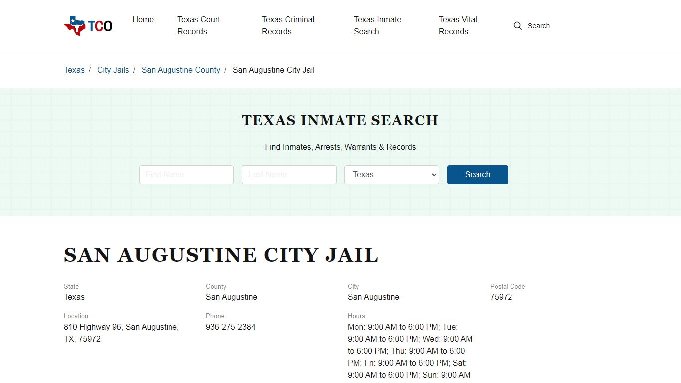San Augustine City Jail in San Augustine, TX - Contact Information and ...