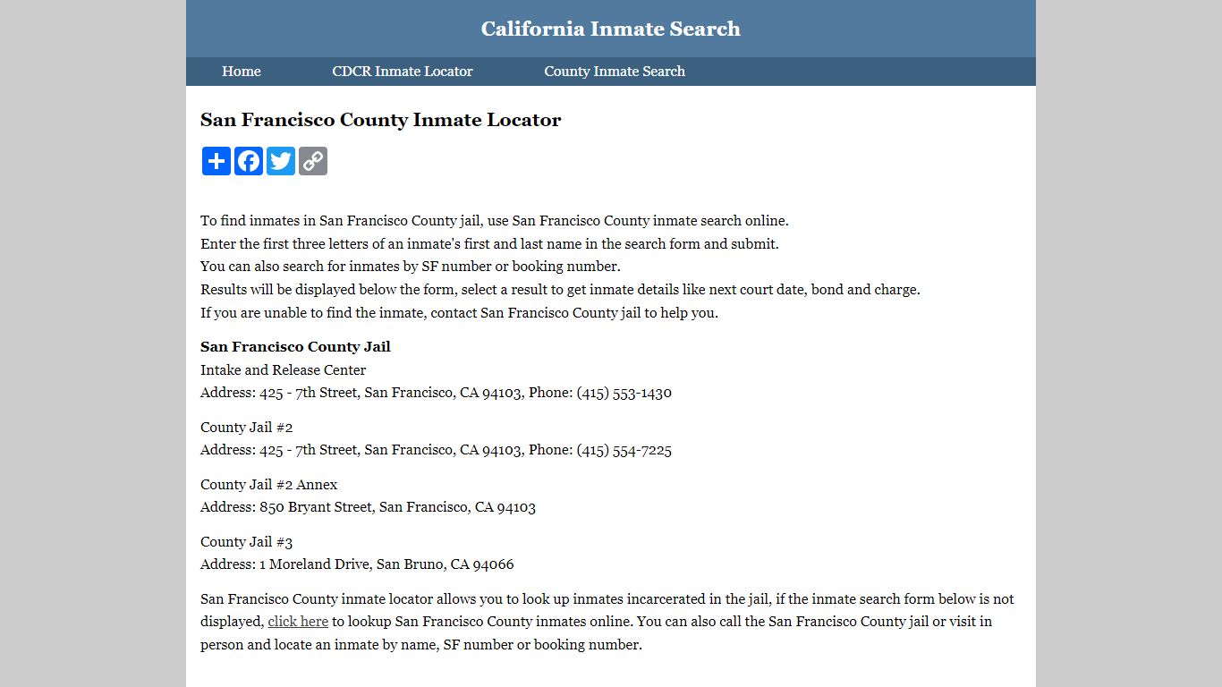 San Francisco County Inmate Locator - California Inmate Search