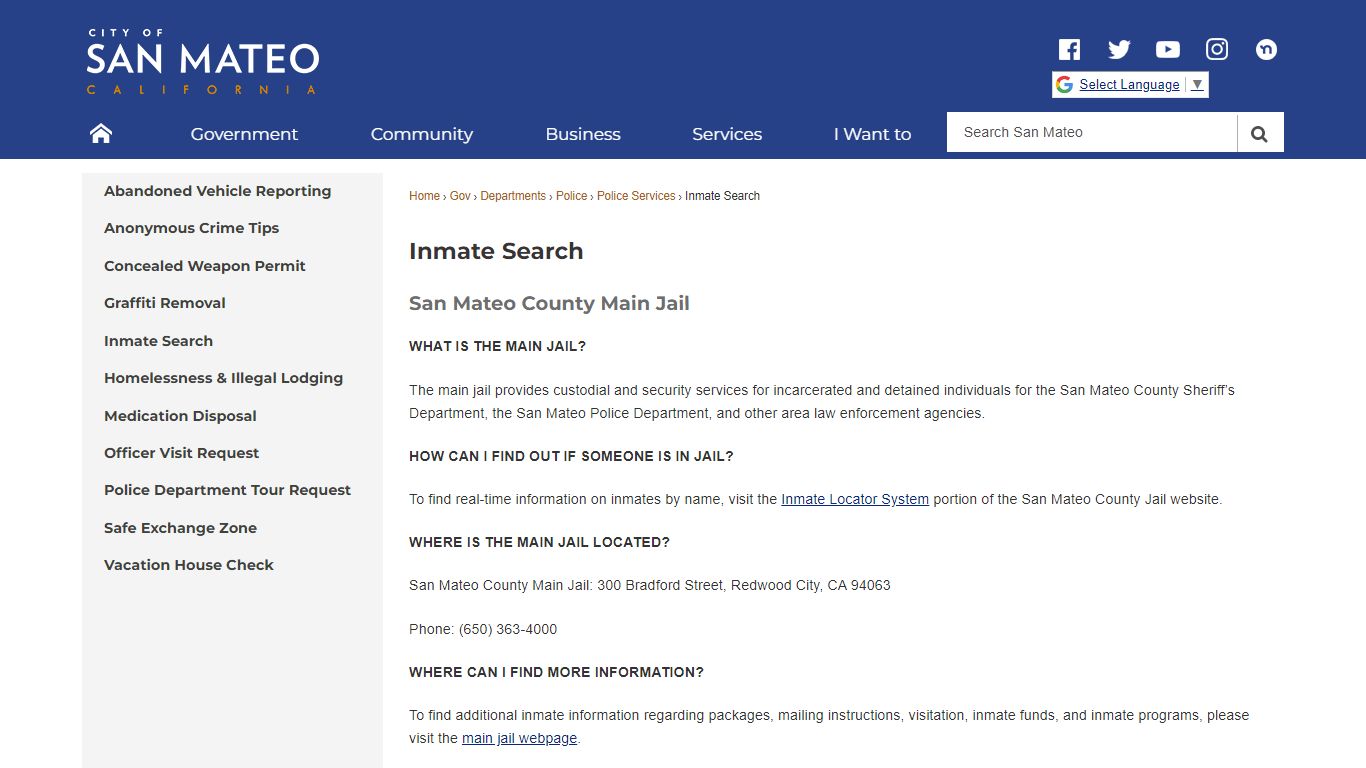 Inmate Search | San Mateo, CA - Official Website