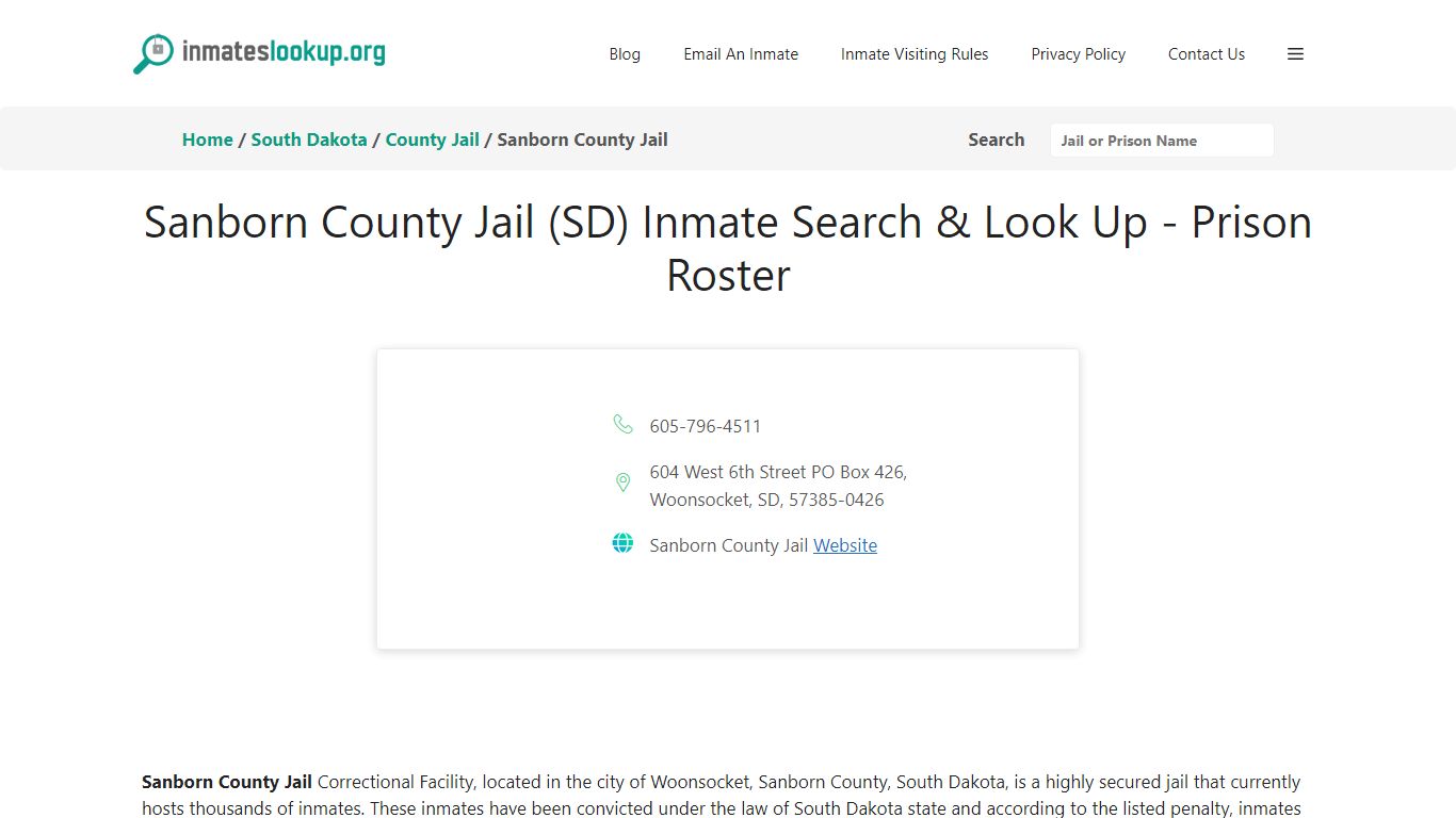 Sanborn County Jail (SD) Inmate Search & Look Up - Prison Roster