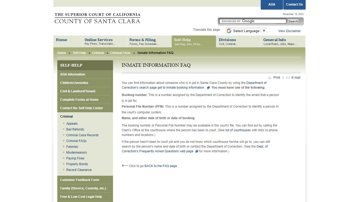 Inmate Information FAQ - The Superior Court of California, County of ...