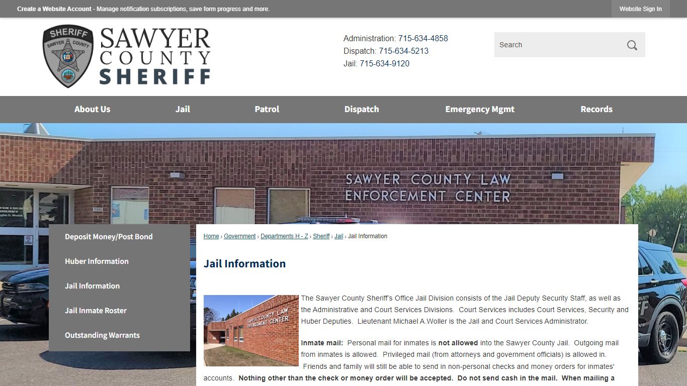 Jail Information | Sawyer County, WI