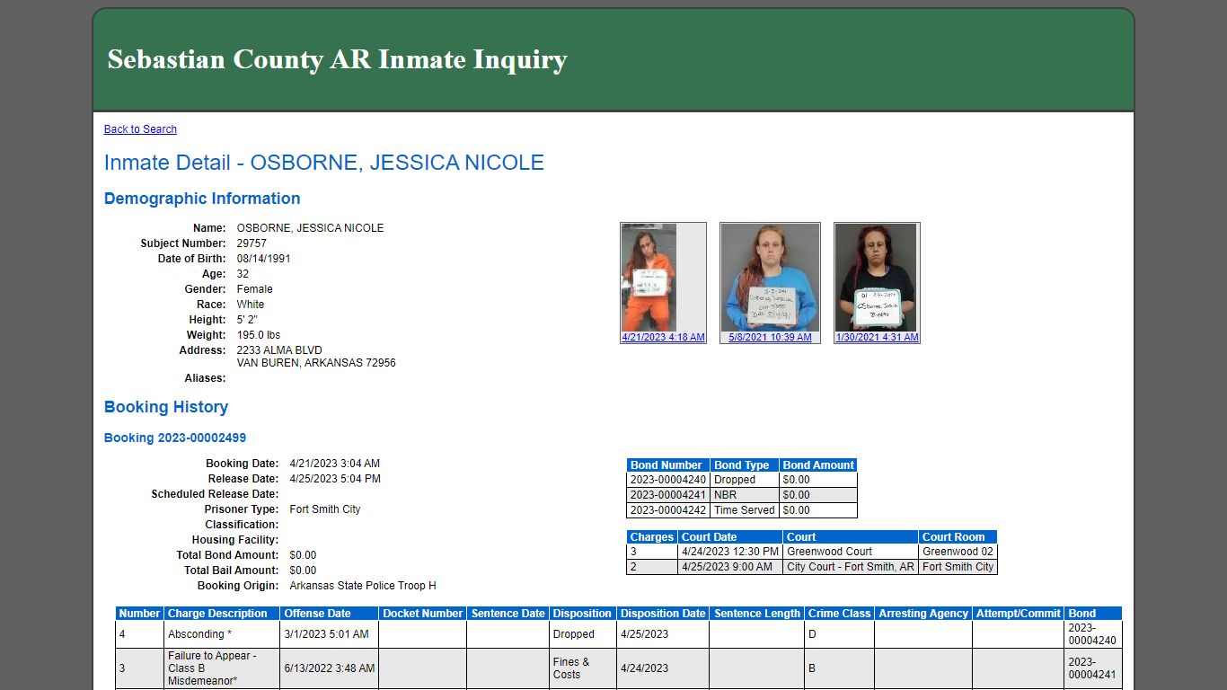 Inmate Detail - OSBORNE, JESSICA NICOLE - Sebastian County, Arkansas