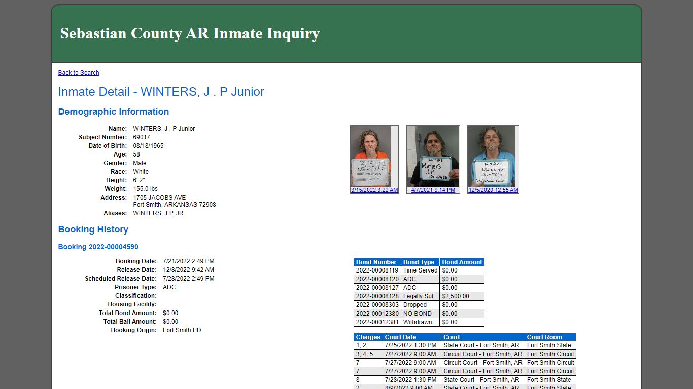 Inmate Detail - WINTERS, J . P Junior - Sebastian County, Arkansas