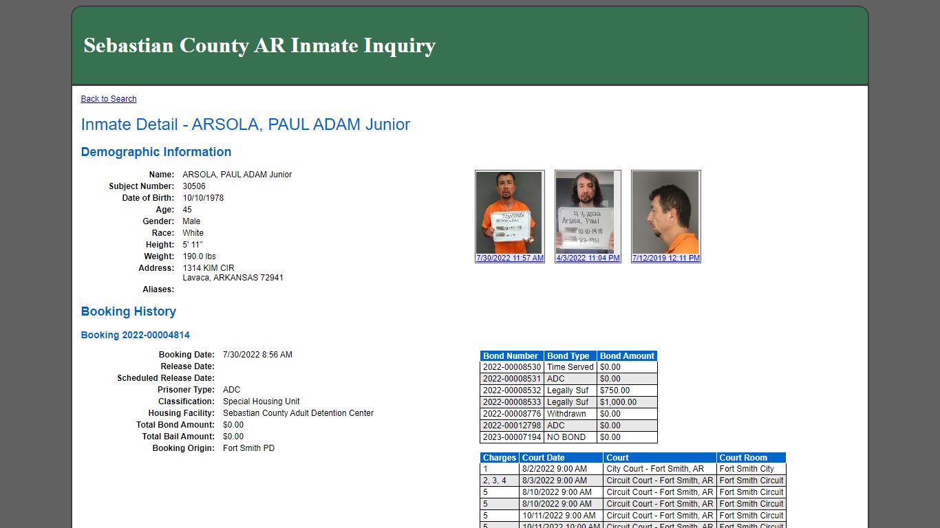 Inmate Detail - ARSOLA, PAUL ADAM Junior - Sebastian County, Arkansas