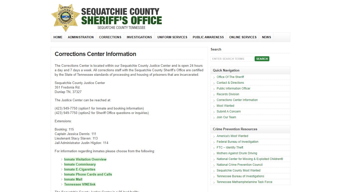 Corrections Center Information : Sequatchie County Sheriff's Office