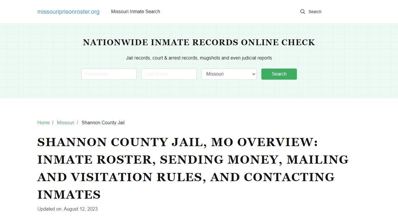 Shannon County Jail, MO: Offender Lookip, Visitations, Contact Info