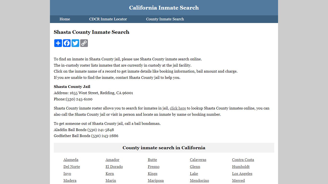 Shasta County Inmate Search - California Inmate Search
