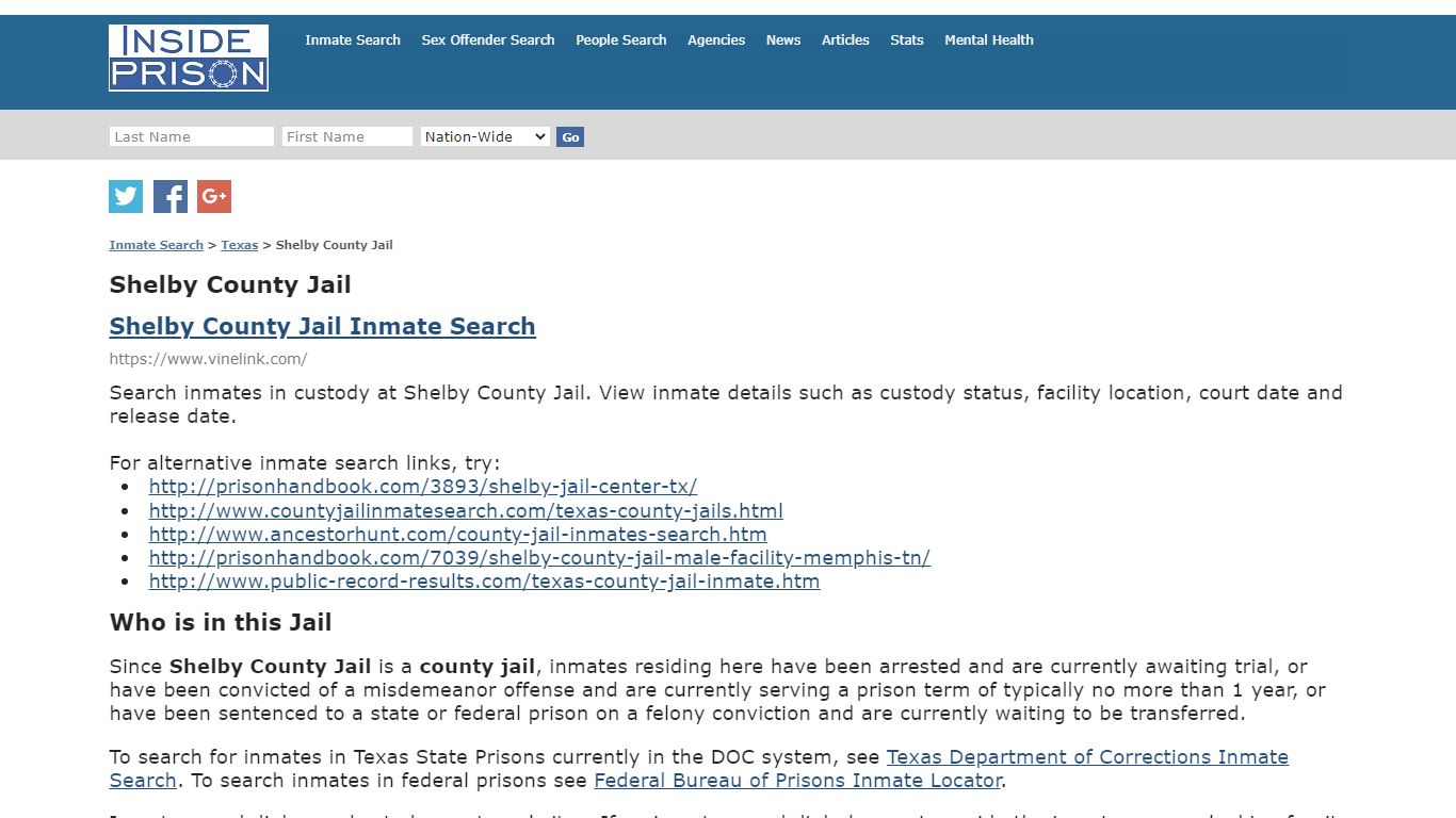 Shelby County Jail - Texas - Inmate Search - Inside Prison