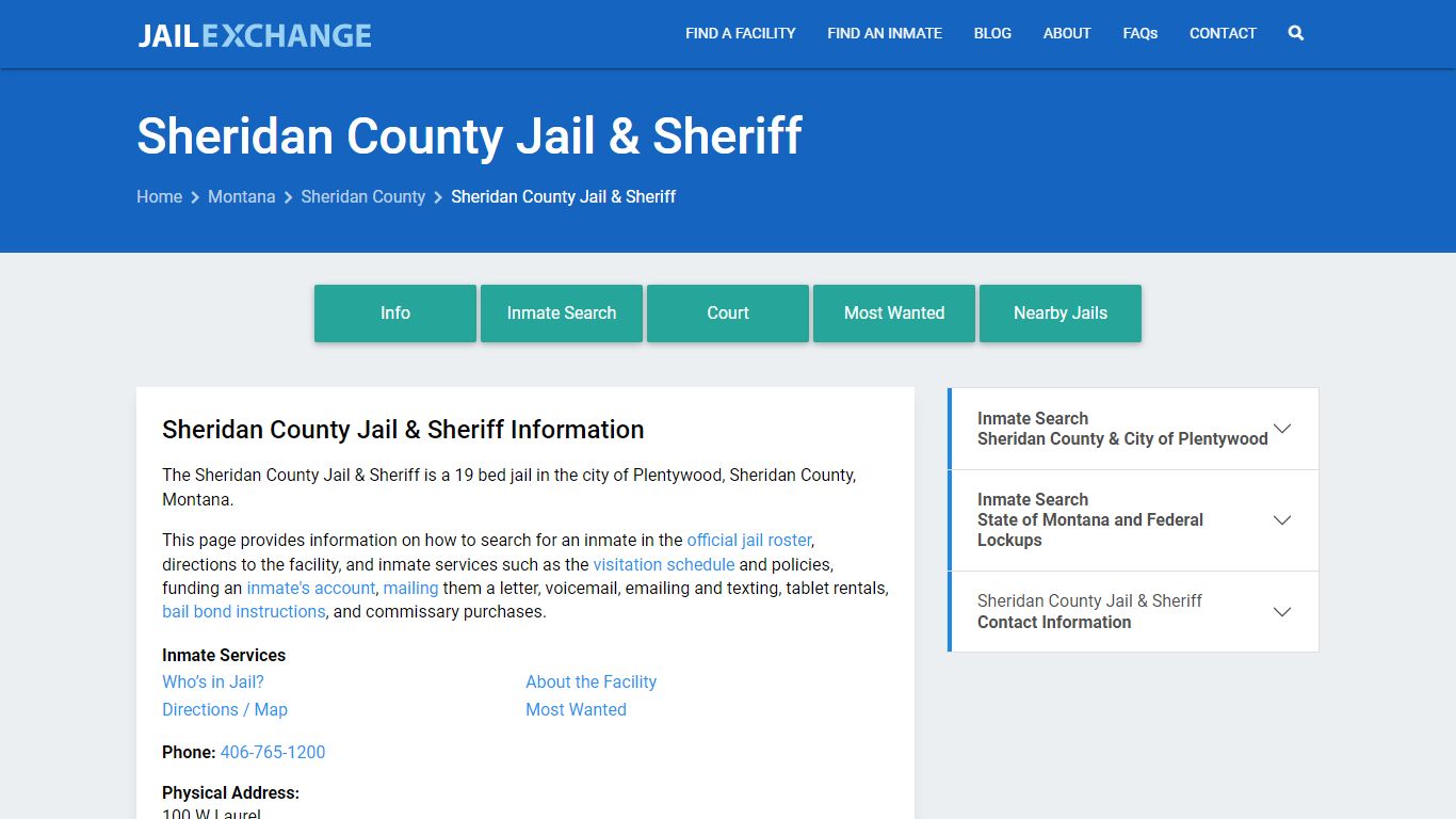 Sheridan County Jail & Sheriff, MT Inmate Search, Information