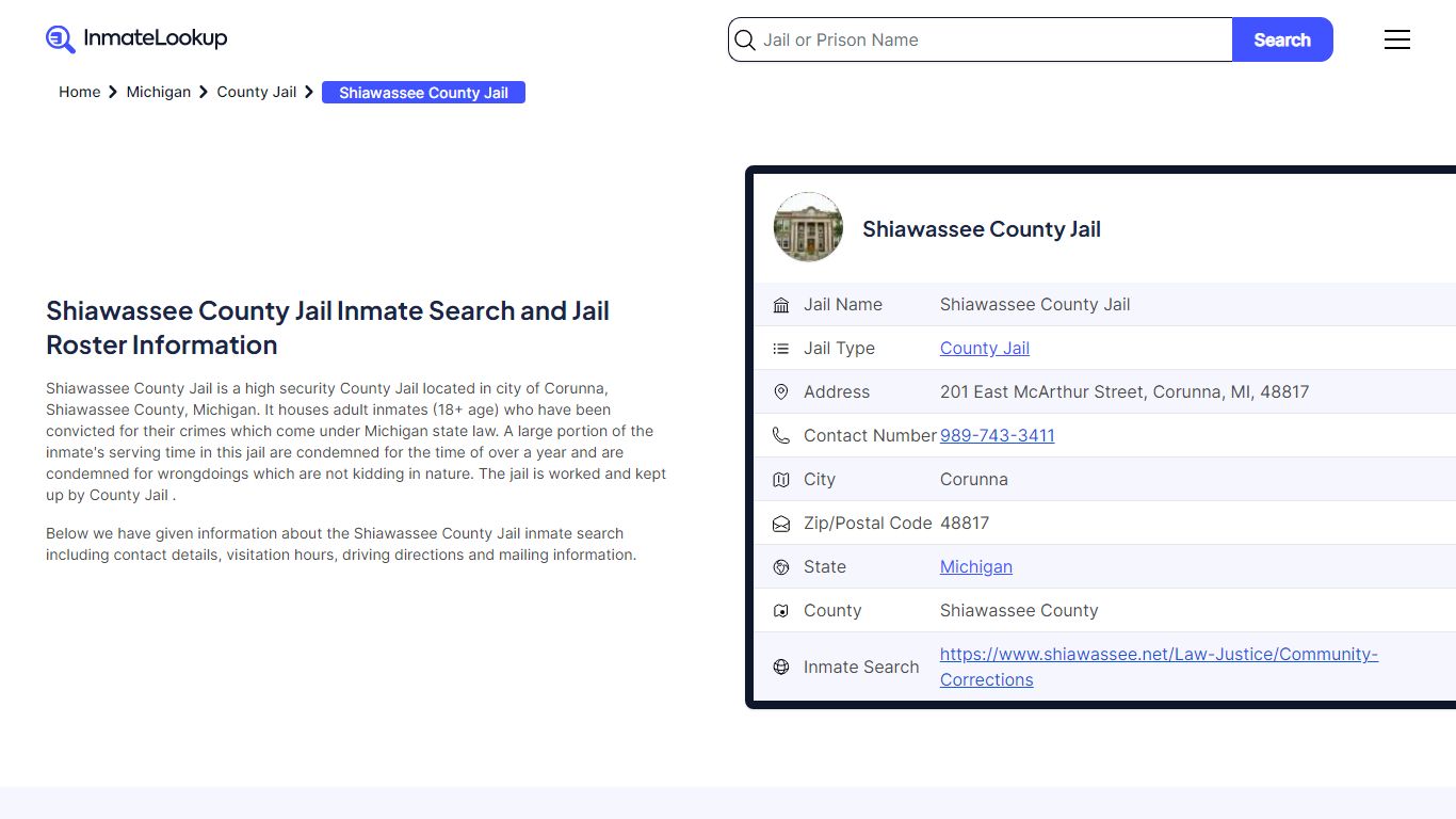 Shiawassee County Jail Inmate Search - Corunna Michigan - Inmate Lookup